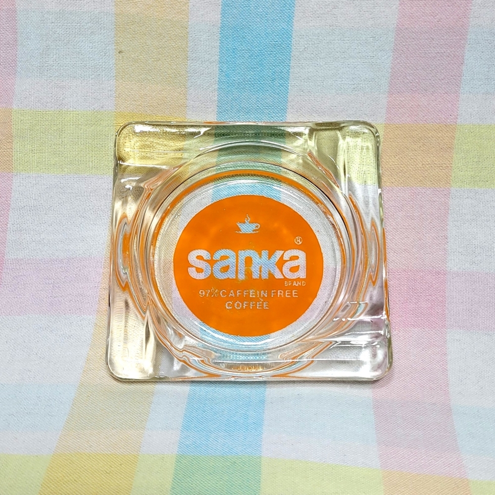 Vintage Sanka advertisement ashtray 97% caffein free coffee square glass